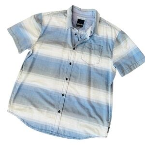 MENS PRANA XL SHORT SLEEVE SHIRT BUTTON UP CASUAL WORK BLUE WHITE GRAY STRIPE
